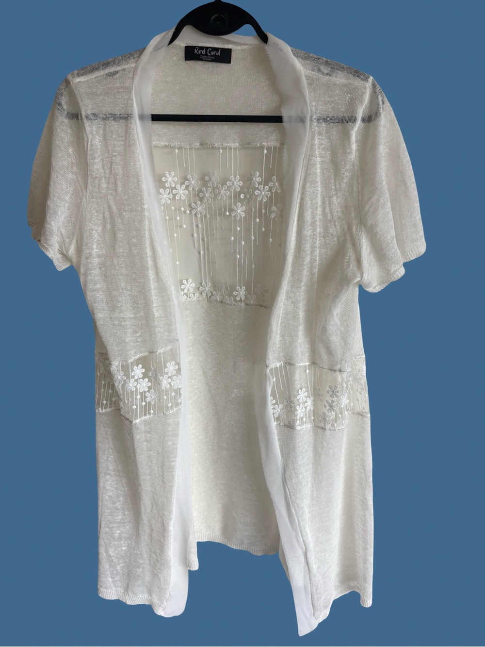 Women's White Short-Sleeve Lace-Embellished Cardigan